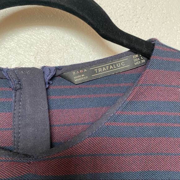 Zara Maroon Navy Stripe Bubble Sleeve Top Size Large - Picture 8 of 9